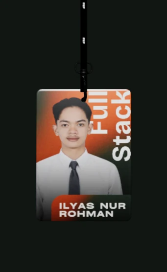 Ilyas Nur Rohman's orange ID card hanging from a black lanyard
